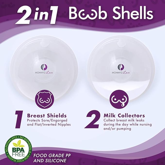 Mommyz Love Breast Shells & Milk Catcher for Breastfeeding New Model with Plugs - Breast Milk Catcher to Relieve Cracked Sore & Engorged Nipples - Breast Shells Milk Collector for Leaking Milk 2 Pack