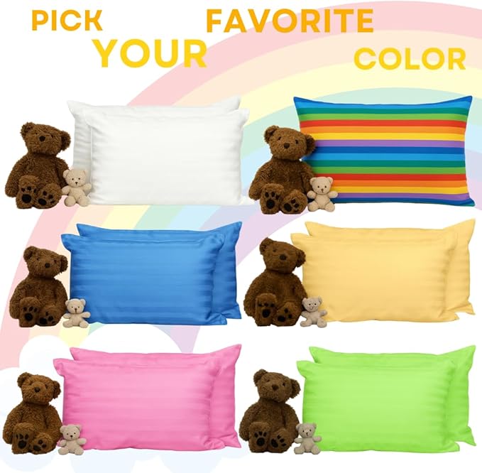 kinder Fluff Children Pillow (2Pk) 10x15in – First Pillow for Kids Age 2+, Bright Rainbow Design, 100% Cotton Sateen Stripe 300T, Down Alternative Fill, Machine Washable, Colourful Kids Cushion XS