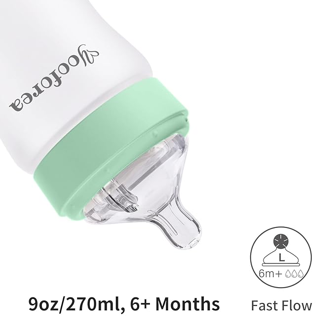 Yooforea Silicone Coated Glass Baby Bottle, 6M+ Fast Flow Nipple I Anti-Colic, Wide Neck, Stable Base I Medical-Grade Silicone Coating for Shatter Protection, BPA BPS PVC Free (9 Ounce-Tea)