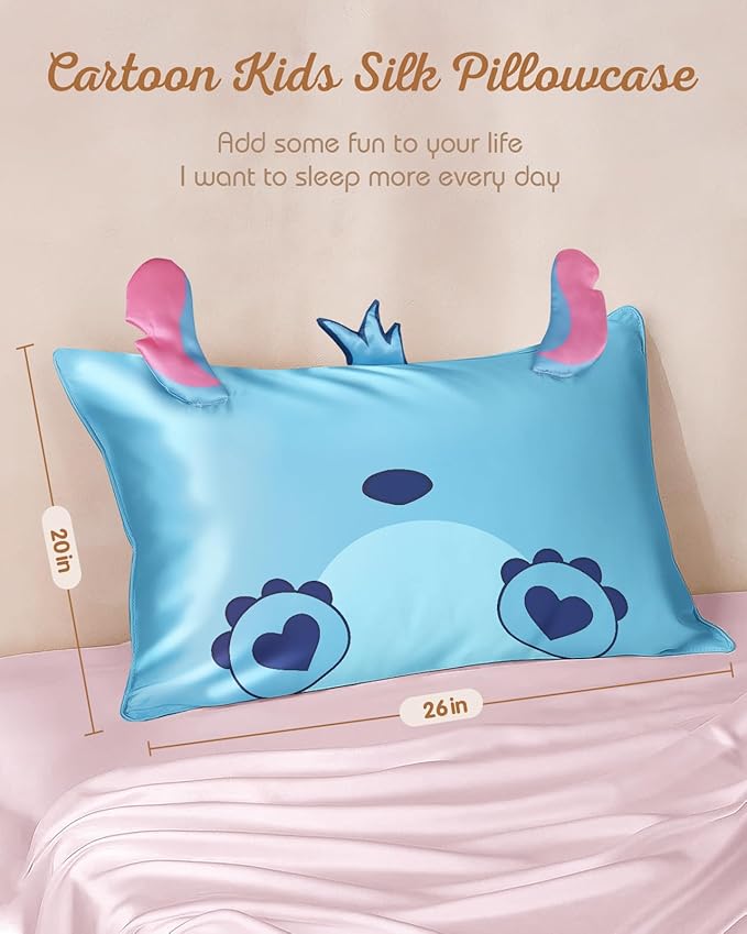 Kids Pillowcases Standard Size 20"x26" - Cute Cartoon Soft Breathable Silk Pillow Cases for Hair and Skin with Hidden Zipper for Girls Fun Kawaii Design for Bedding, Heart Blue