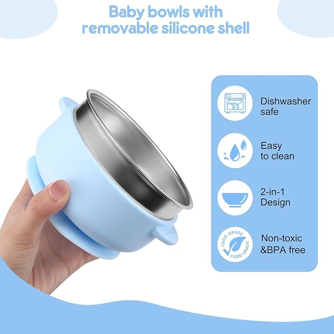 2 Pack Stainless Steel Baby Bowls with Removable Non-Slip Silicone Suction Shell, Anti Scald Food Container for Baby Food Feeding-Skyblue & Red