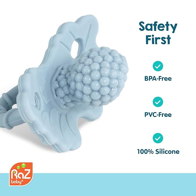 RaZbaby RaZberry Silicone Teether Pacifier – Teething Relief for Infants, Food-Grade, BPA-Free, Hands-Free Design, Natural Berrybumps Fruit Texture for Sensory Development, Freezable – Light Blue