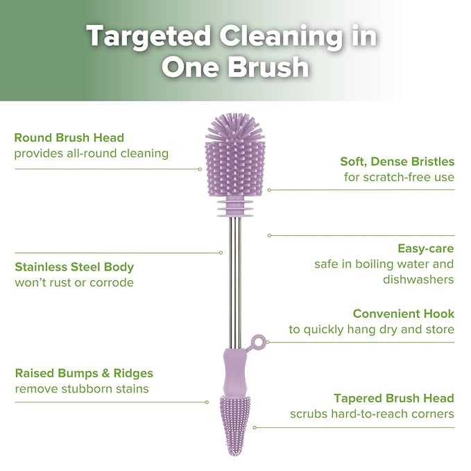 haakaa Cleaning Brush Silicone Bottle Brush Double-Ended Soft Silicone Bristles for Breast Pumps, Breast Milk Collectors, Baby Bottles, Teats, Breastmilk Storage Bags,- Lavender -1pk