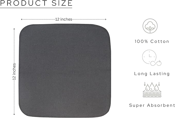 PurpleEssences Dish Cloths and Dish Rags - 6 Pack Waffle Weave Solid Kitchen Dish Wash Cloths, 100% Cotton, 12 x 12 Inches, Ultra Soft Absorbent Quick Drying -Fall Thanksgiving - Dark Grey