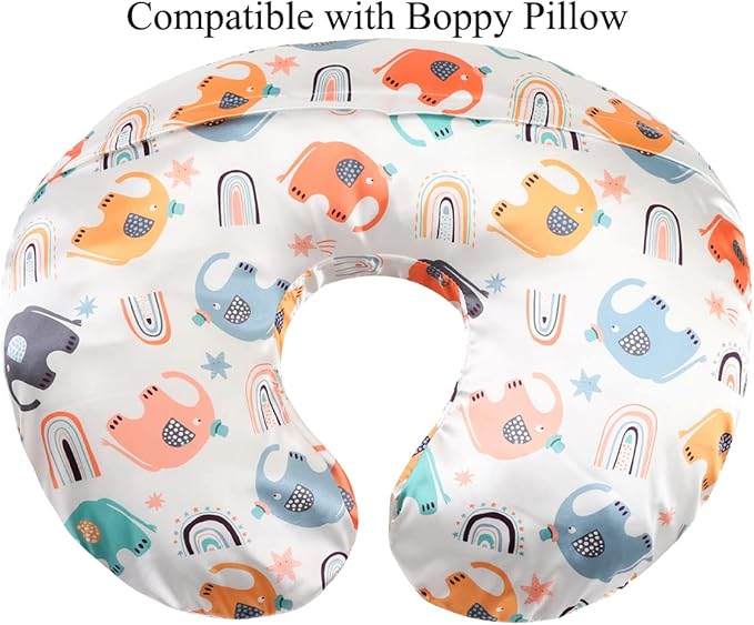 Satin Nursing Pillow Cover Set 2 Pack Ultra Soft Silk Compatible with Boppy Pillow for Breastfeeding Pillow Protect for Baby Hair and Skin Elephant & Rhino Lion