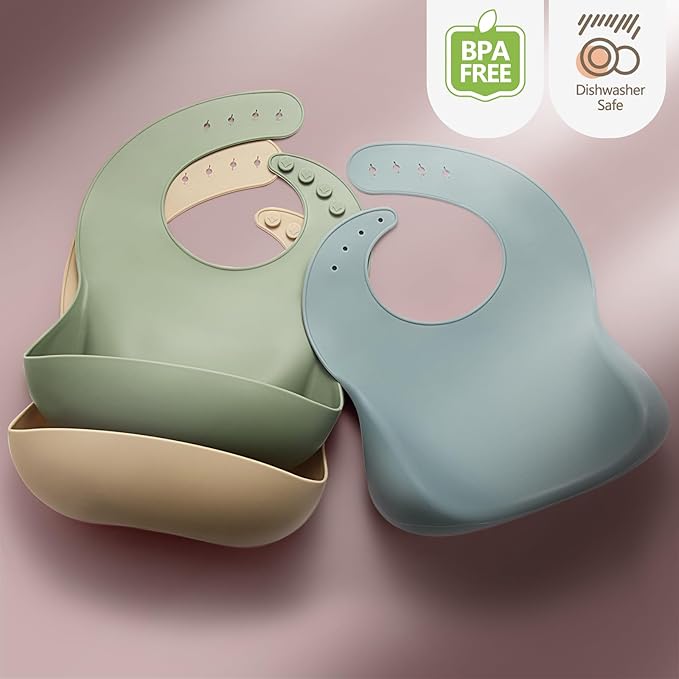 Silicone Bibs for Babies Toddler Set of 3, BPA Free, Soft Adjustable Waterproof Bibs for Feeding Essentials