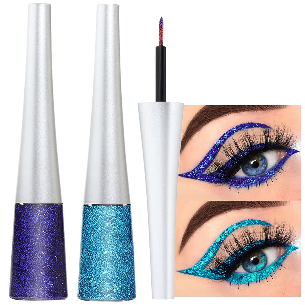 evpct 2Pcs Dark Light Royal Blue Color Liquid Glitter Eyeliner Liners Sets for Women Liquid Sparkly Glitter Eyeliner delineador con glitter de colores para ojos colores 03+12