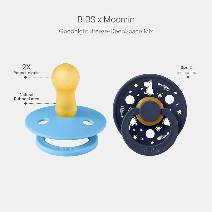 BIBS Colour Moomins Pacifier 2-Pack, BPA Free Pacifier, Round Nipple. Natural Rubber Latex, Made in Denmark, Size 2 (6-18 Months), Breeze/Deep Space