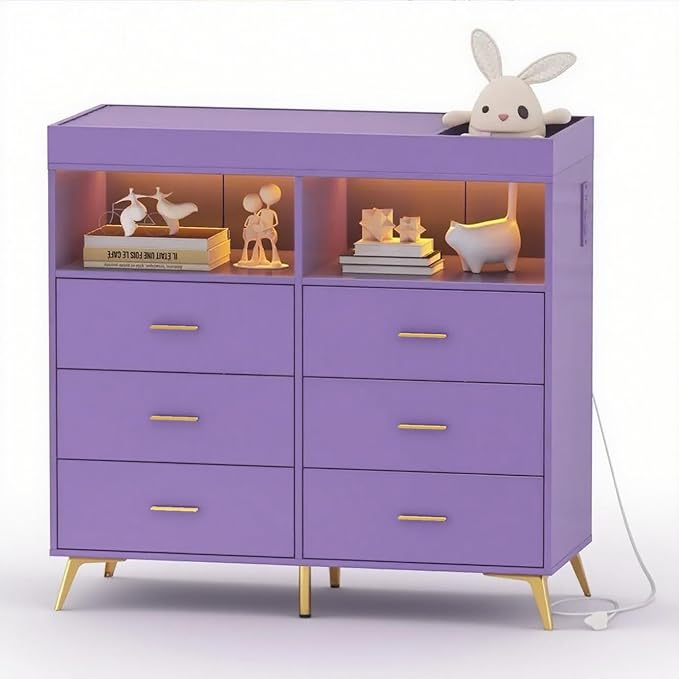 GarveeHome Dresser for Bedroom with 6 Drawers, Baby Changing Table Dresser with Changing Pad, LED Lights & Charging Station, Baby Changing Station with Changing Table Top