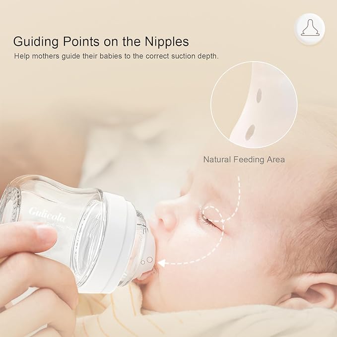 Gulicola Natural Glass Baby Bottle for Breastfeeding Babies, Newborn Anti-Colic Bottle Set with Slow Flow Nipple, 0-3 Months, 5 oz, 2 Pack - White