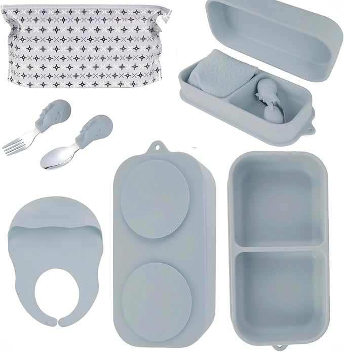 Travel Silicone Baby Feeding Set with 316 Stainless Steel Spoon & Fork,Silicone Suction Plates, Foldable Bib, Storage Bag - Portable Infant Toddler Utensils, 6-Piece BPA-Free Dishware Kit（gray）