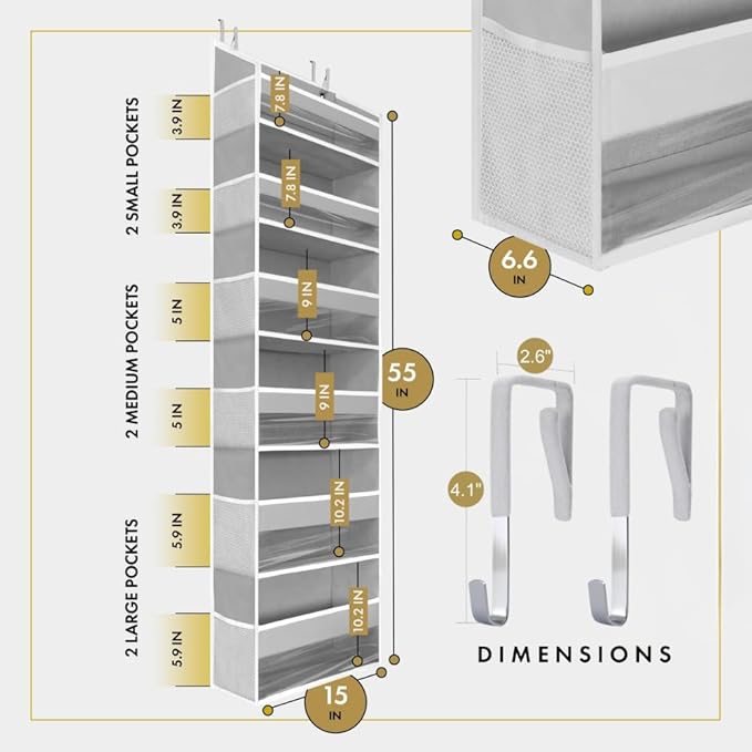 HOMELUX THEORY 1 PC Heavy Duty Over the Door Organizer 55x14x6.7, 6 Large Front & 12 Side Pockets, Hanging Storage Closet Door Organizer for Bedroom, Bathroom and Baby Nursery Storage (Light Gray)