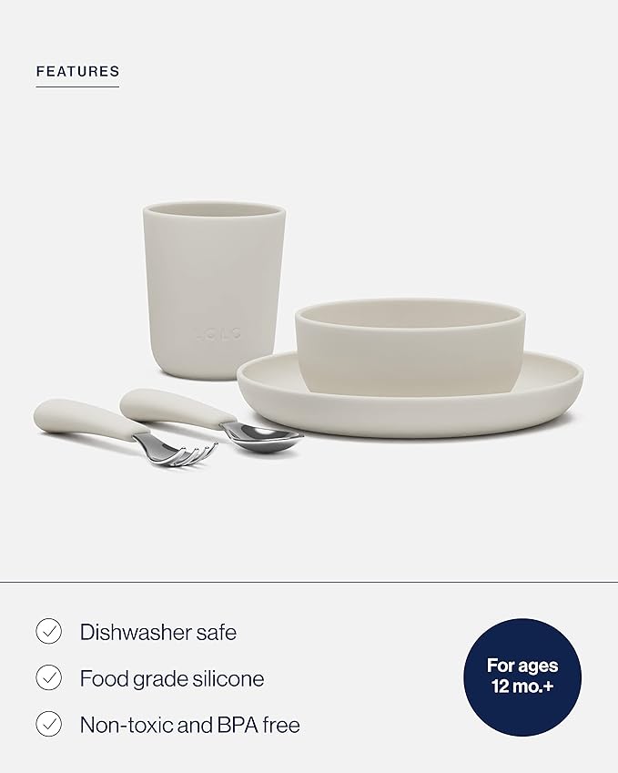 Lalo Big Bites Kids Dinnerware Starter Set - Dishwasher Safe, BPA Free, Kids Tableware Set - Includes Stackable Bowl, Plate, Utensils & Cup - 5 Pieces - Oatmeal