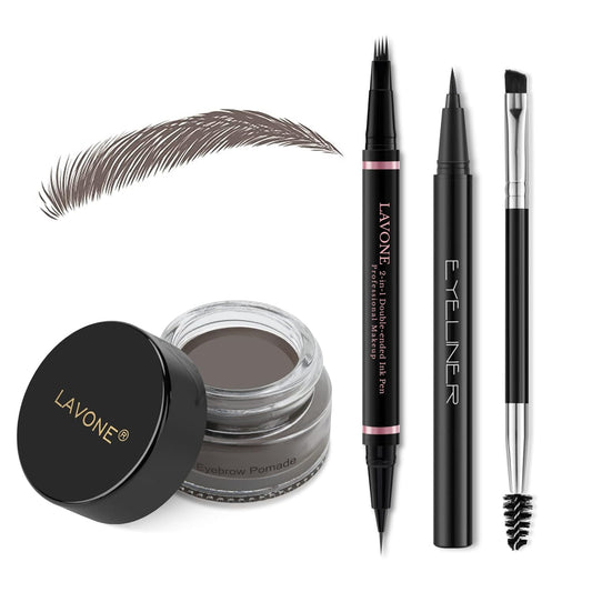 LAVONE Eyebrow Pencil Makeup Kit, with Waterproof 2-IN-1 Microblading Eyebrow Pen, Eyebrow Pomade, Eyeliner and Dual-ended Eyebrow Brush, Brow Pencil Kit for Natural Eyebrows - Ebony