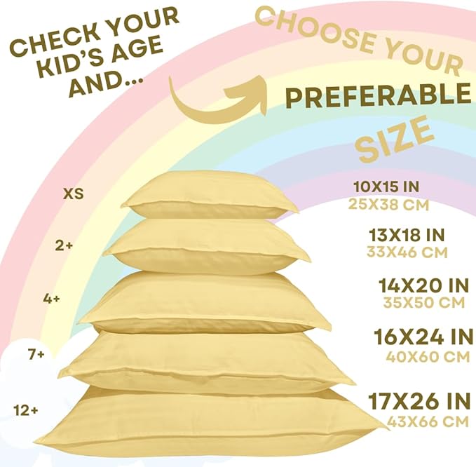 kinder Fluff Kids Pillows (2Pack) 13x18in - Small Pillow for Kids Age 2+, 100% Cotton Sateen Stripes Shell 300T, Down Alternative Fill, Machine Washable - Children & Travel Cushion - Yellow - S