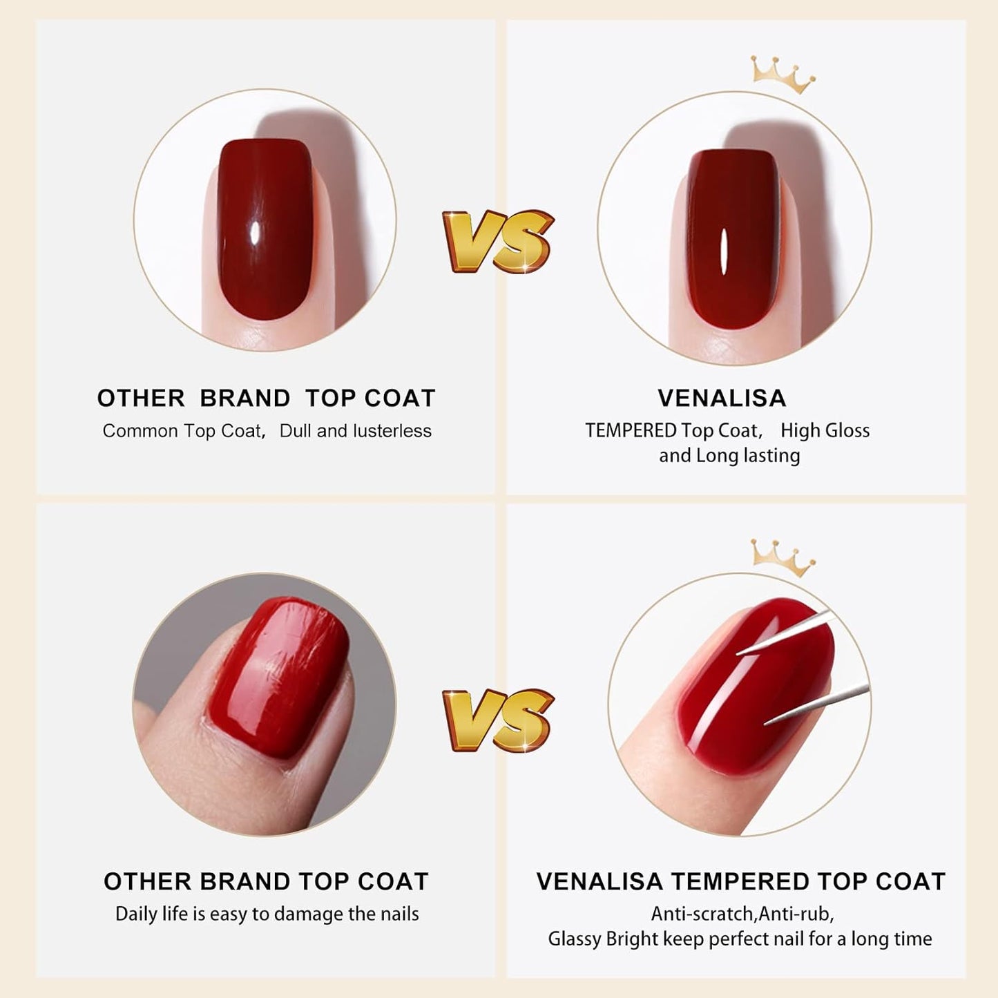 VENALISA 2 Pcs No Wipe Tempered Gel Top Coat and Base Coat Set Gel Nail Polish, Soak Off UV LED Nail Gel Polish Nail Art Starter Manicure Salon DIY at Home