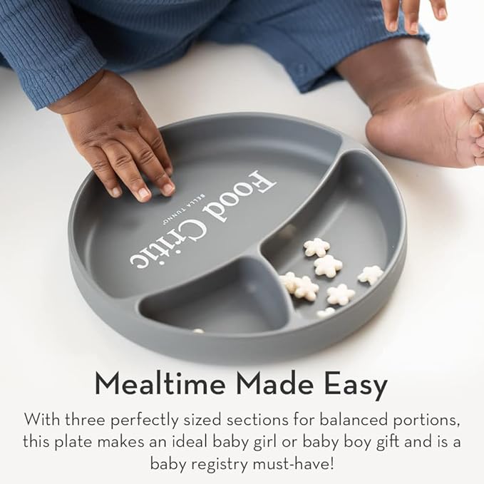 Bella Tunno Suction Plate for Babies & Toddlers, Self-Feeding Dish for Baby Led Weaning, Silicone Divided Plate, Sticks to Highchair Trays & Tables, Microwave & Dishwasher Safe, What’s on the Menu