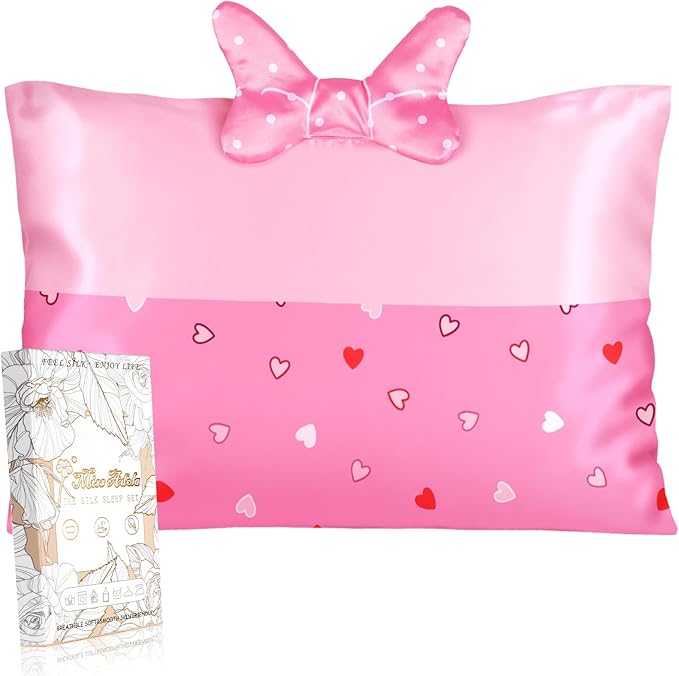 Toddler Pillowcases 13"x18" for Kids - Cute Cartoon Soft Breathable Silk Pillow Cases for Hair and Skin with Hidden Zipper for Girls Fun Kawaii Design for Bedding, Point Bow