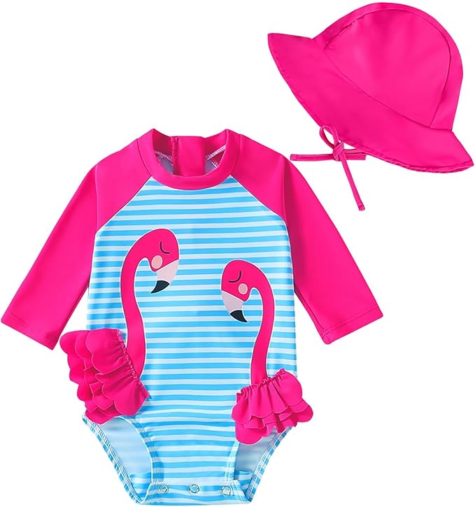 WOLBAY Baby Girl Swimsuit Long Sleeve One Piece Rash Guard with Sun Hat Zipper Bathing Suit Size 0-2T