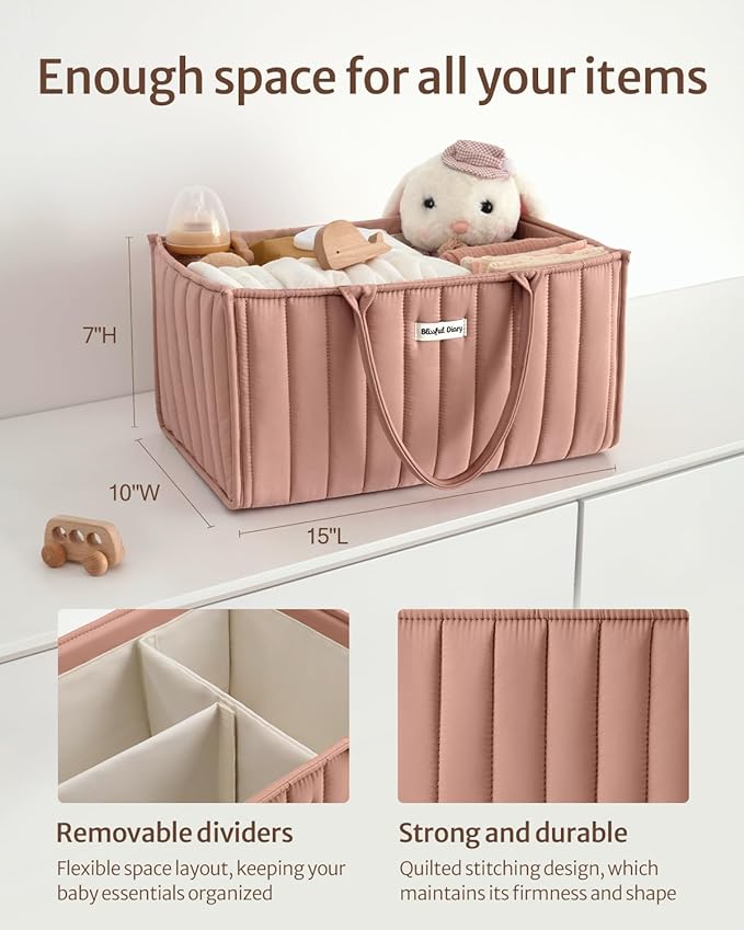 Blissful Diary Baby Diaper Caddy Organizer, Stylish Storage Basket for Newborn Essentials and Diaper Station, Gift for Baby Shower and Registry Must-Have, Blush Pink