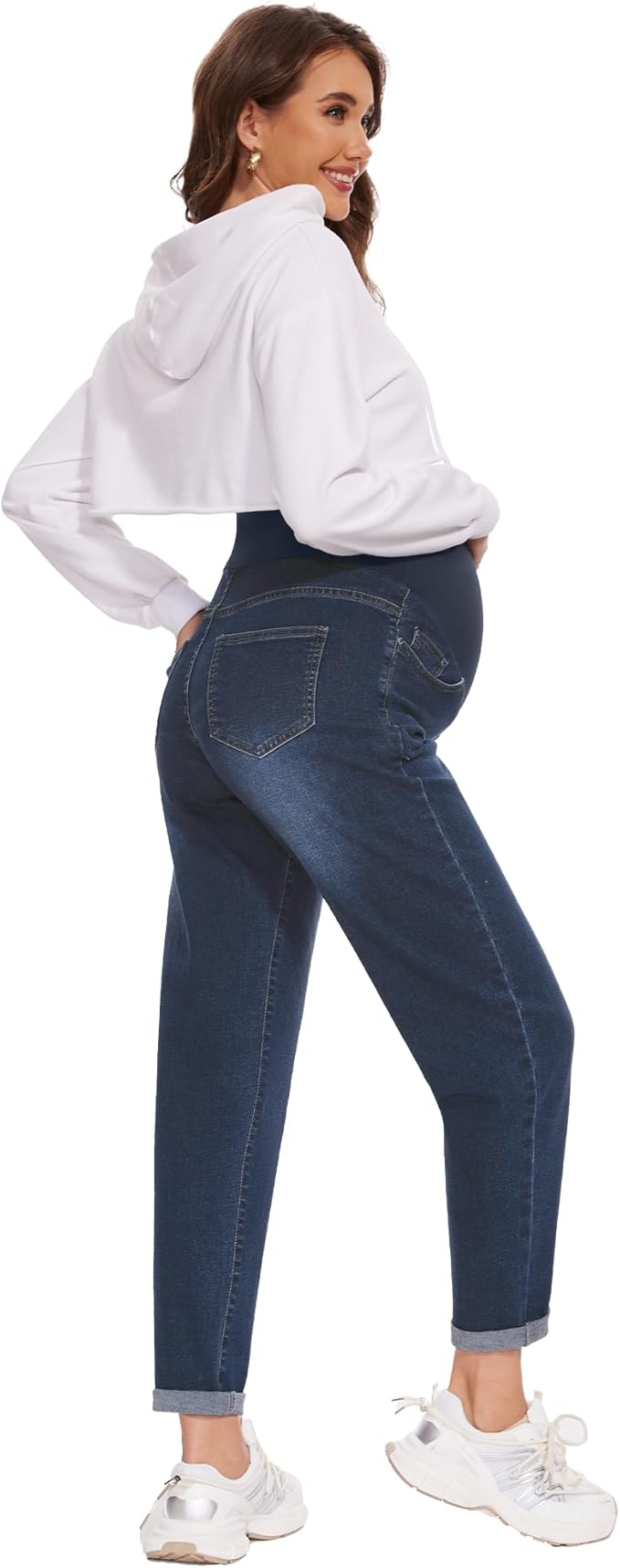 POSHGLAM Women's Maternity Jeans Over Belly Comfy Stretch 28'' Boyfriend Jeans Loose Pregnancy Pants, S-XXL