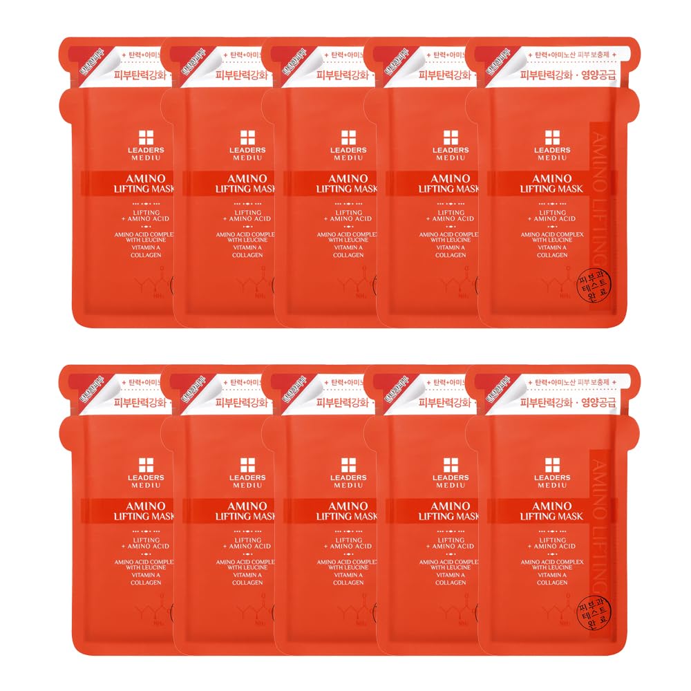 Leaders Mediu Amino Firming & Lifting Facial Sheet Mask | Amino Acid Complex, Vitamin A, Collagen | Reduces Fine Lines, Improves Elasticity, for All Skin Types (10 Sheets)