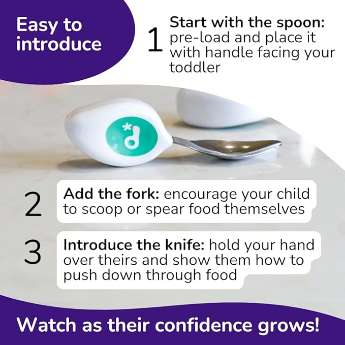 doddl Toddler Utensils, Ergonomic Fork Spoon and Knife Set for Self Feeding, Stainless Steel Silverware for 1-3 Year Olds, BPA Free, Dishwasher Safe (Aqua + Travel Case)