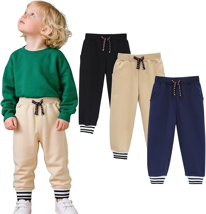 HILEELANG Toddler Boys Cotton Jogger Sweatpants 3 Pack, Soft Adjust Elastic Waist Pants with Pockets, Sizes 12M-7T
