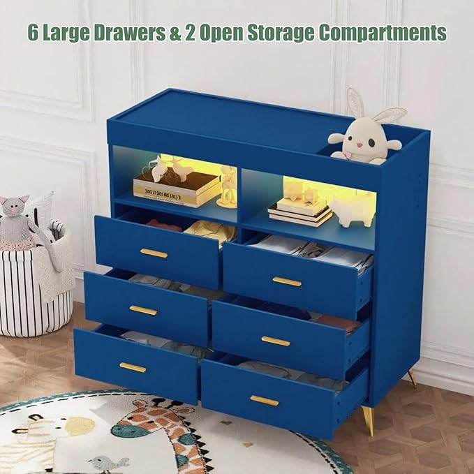 Changing Table Dresser with Drawers, Baby Dresser with Changing Table Top, Power Outlet, LED Light & Metal Feet, Diaper Changing Station Nursery Organizer for Infants Newborn (Blue)
