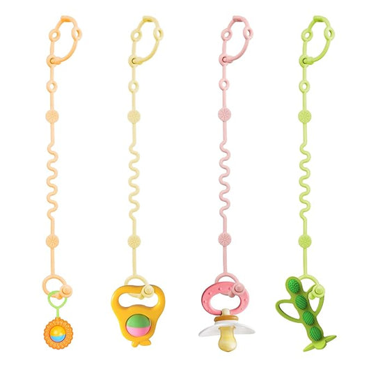 Toy Straps for Baby, Adjustable Toy Holder for Stroller Accessories, Silicone Tether Pacifier Clip, No Throw Travel Essential Leash for High Chair, Car Seat (4 Pack Macaron)