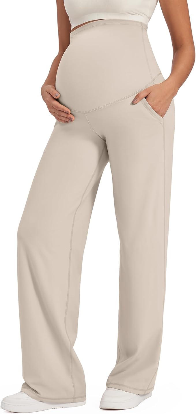 G4Free Maternity Pants Over The Belly Yoga Dress Work Pregnancy Pants Stretchy Lounge Wide Leg Trousers with Pockets