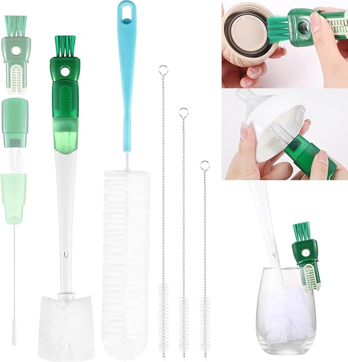 OUTXE 5 Pack Bottle Brush Set, 5-in-1 Water Bottle Cleaner Brush, 15"" Long Handle Bottle Cleaning Brush, 3 Straw Brush, Removable Nipple Brush, Detail Brush for Cup Lid Gap, WBBSBLB5