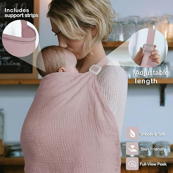 Muslin Nursing Covers for Breastfeeding, Arch Neckline Breast Feeding Covers for Women, Moms Privacy Breathable Summer Nursing Apron,Enlarged XL Size Soft Feeding Cover (Blush Pink)