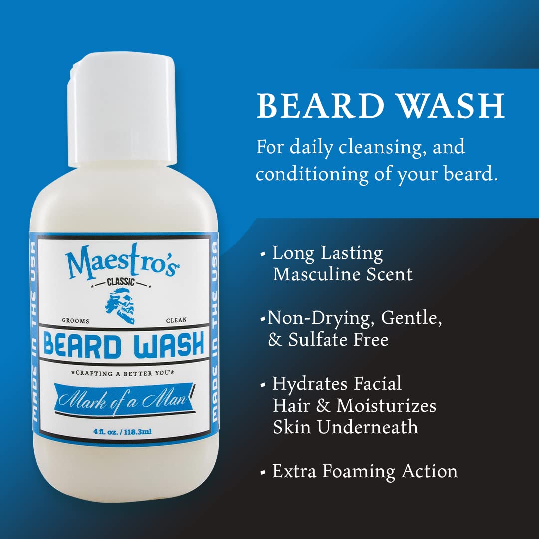 Maestro's Classic BEARD WASH | Anti-Itch, Deep Cleaning, Non-Drying, Fully Hydrating Gentle Cleanser For All Beard Types & Lengths- Mark of a Man Blend, 2 Ounce