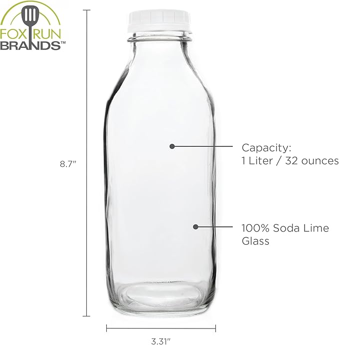Fox Run Glass Classic Milk Bottle With Lid, 32 oz or 1 Quart Capacity