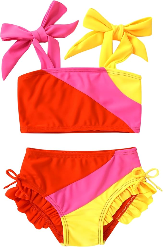 Toddler Swimsuit Girl Color Block Stripe Swimwear Baby Girl Summer Beach Bathing Suits Bikini Set with Ruffled Edges