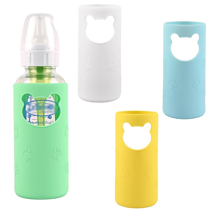 4 Pack Silicone Sleeves for Dr Brown's Glass Baby Bottles, Anti Breakage Baby Bottle Holder, Compatible Dr. Brown's Natural Narrow Glass Baby Bottles 8 oz, BPA Free (White+Blue+Green+Yellow)