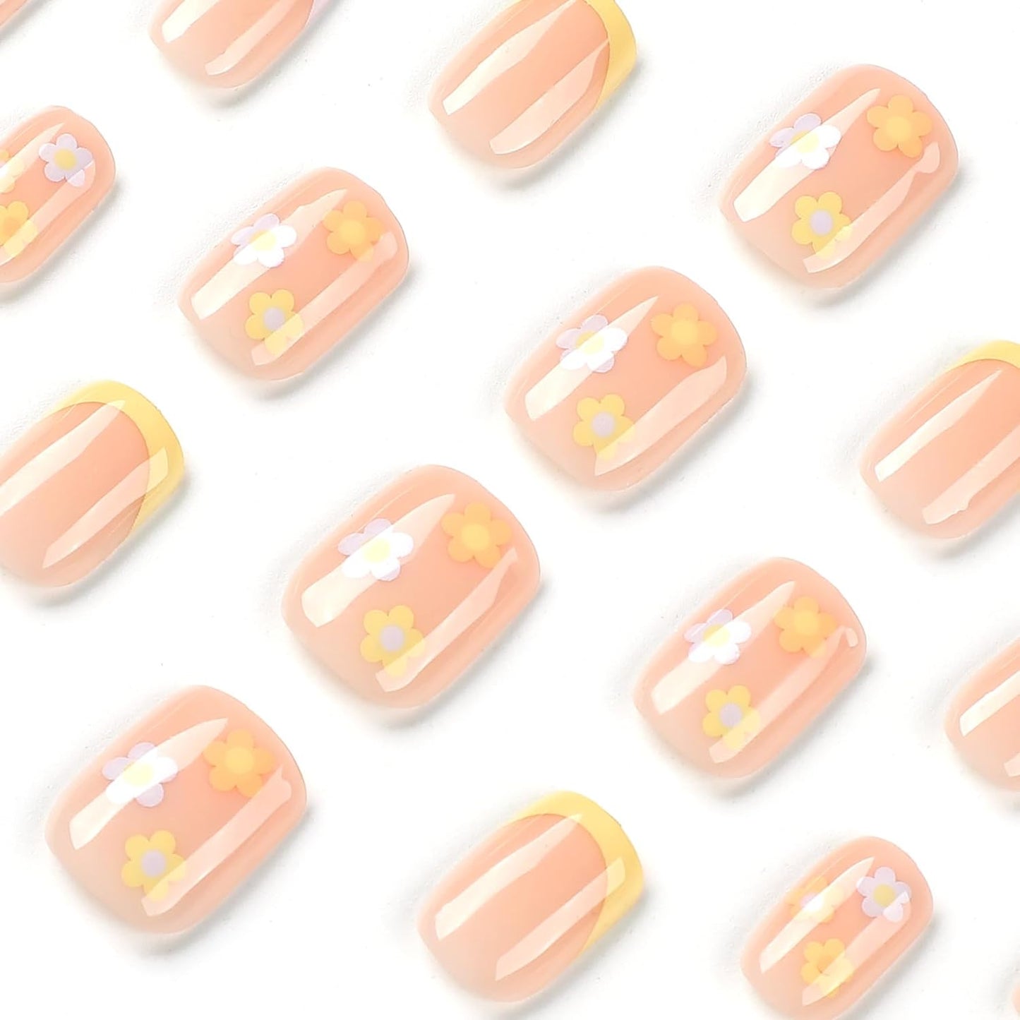 Summer Fall French Press on Nails Short Square, Pink Fake Nails with Colorful French Tip and Cute Blossom Designs, Glossy Gel Finish Acrylic Nails, Thick Reusable Glue on Nails for Women, Candy Tips