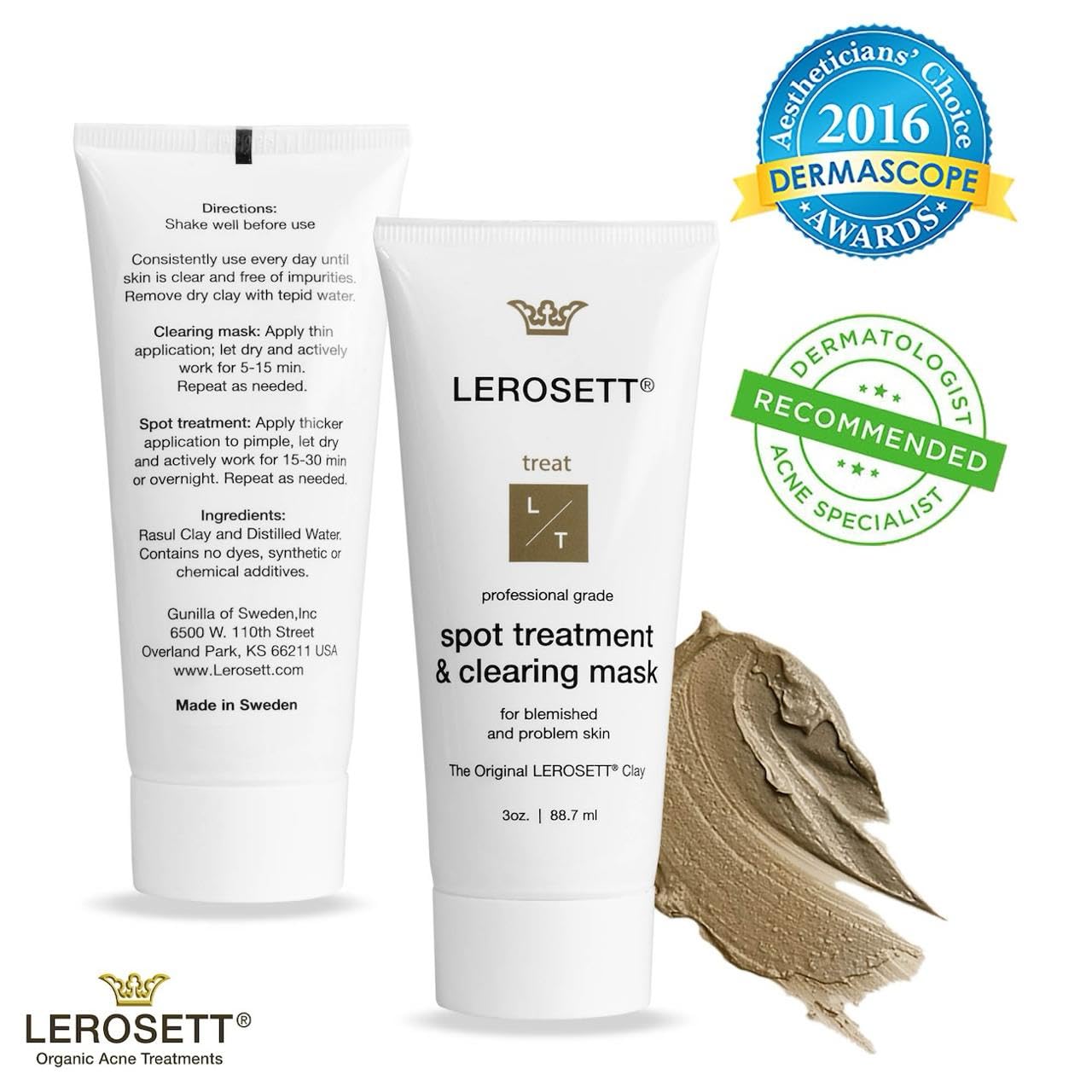 LEROSETT Facial Clay Mask for Acne, Oily Skin, Visibly Tightens Pores. Overnight Spot Treatment for Pimples, Blemishes, Cysts, Blackheads. 100% Natural, Spa-Grade, Made in Sweden Since 1987