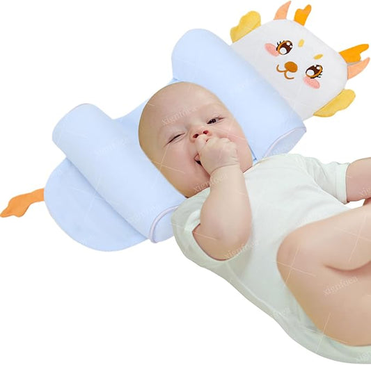 Kariney Baby Pillow, Compariston All-Season Breathable Pillow for Baby Development, Organic Cotton Adjustable Infant Head Cushion (Blue,Dragon)