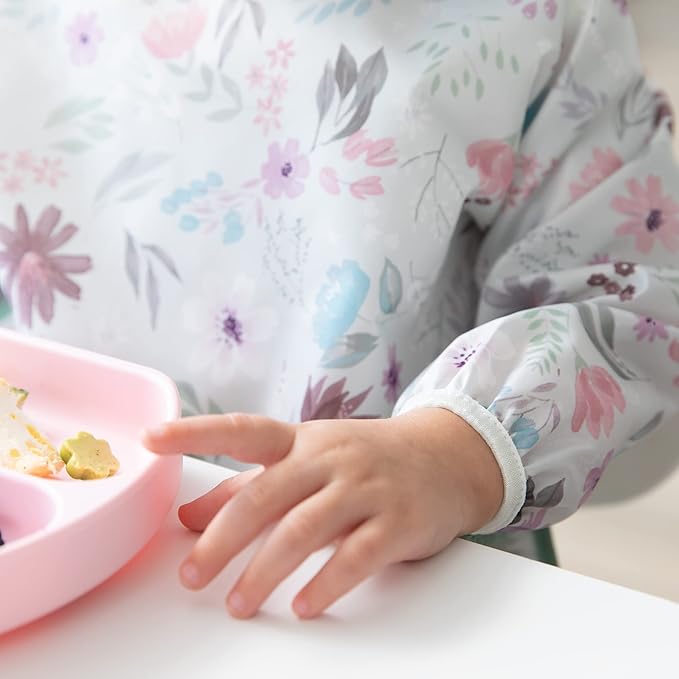 Bumkins - Sleeved Bib - For Boys & Girls, Babies & Toddlers 6-24 Months - Lightweight, Durable, Waterproof - Long Sleeve Bib - Catch-All Pocket - Wipeable & Machine Washable - Floral & Lace - 2 Pack
