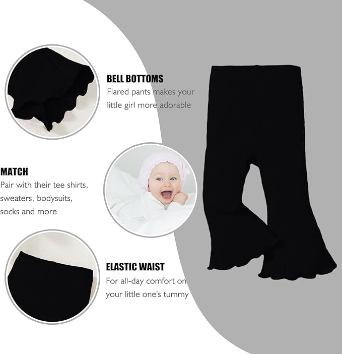 SOBOWO Baby Girl Flare Pants 3 Pack Toddler Solid Ribbed Ruffle Bell Bottoms Pants Trousers Fall Outfits