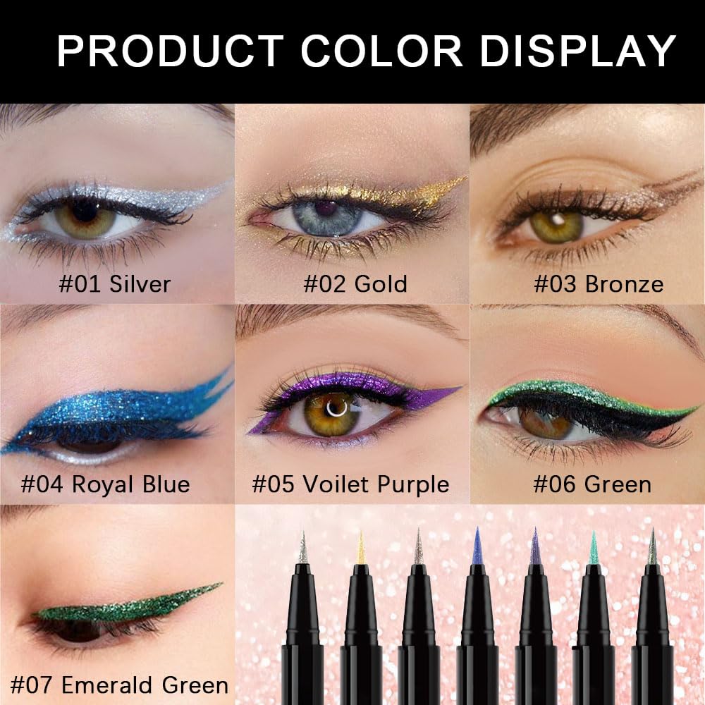 Emerald Green Metallic Glitter Liquid Eyeliner Pen – Long-Lasting Sparkly Waterproof Eyeliner for Women & Men – Tattoo-Effect Eye Makeup for Parties – Delineador Líquido con Brillo 07