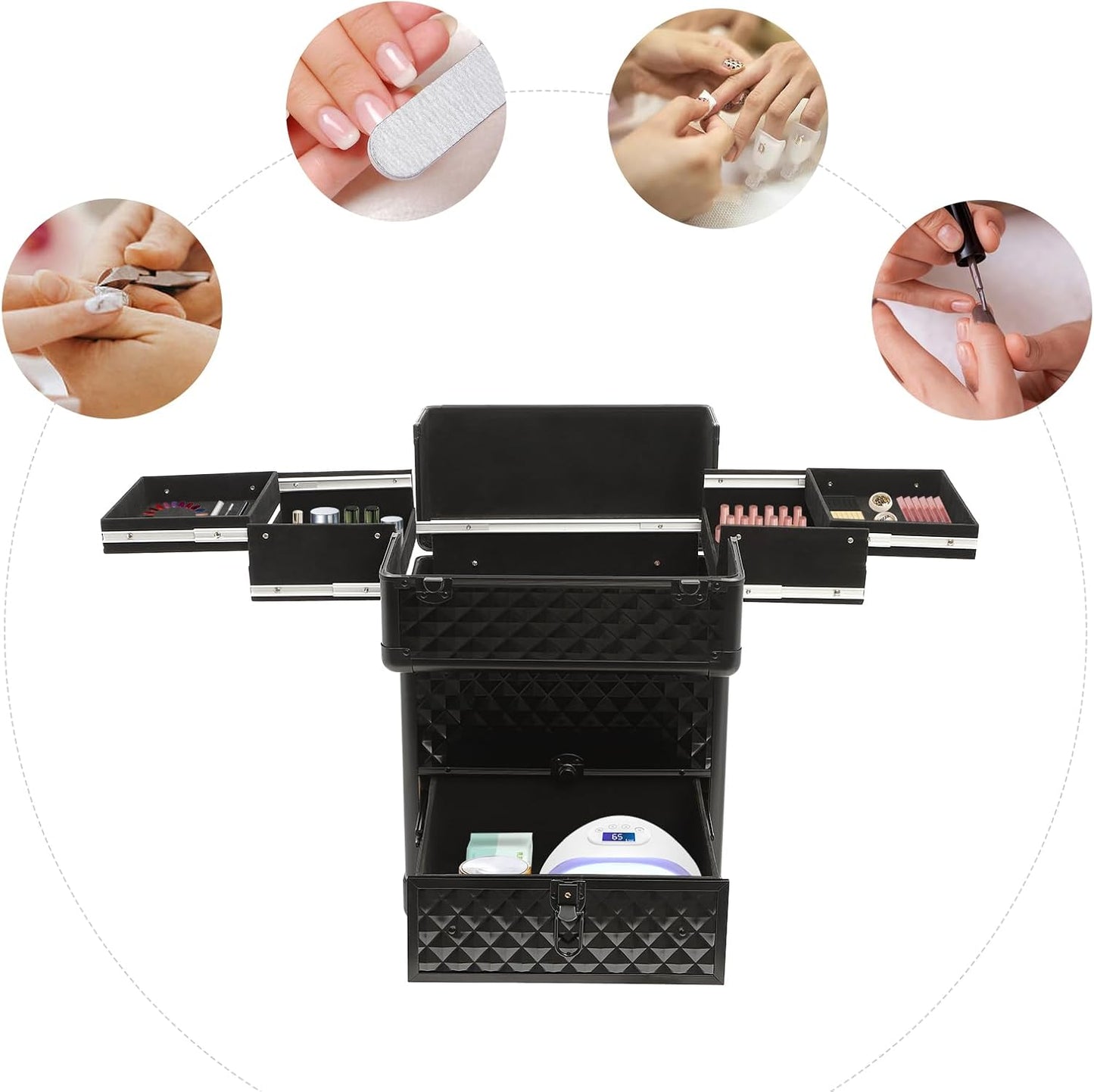 Rolling Makeup Train Case Professional Cosmetic Organizer Large Capacity Trolley Makeup Travel Case with 360° Swivel Wheels for Makeup Artist (Black)