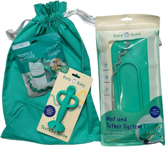Busy Baby Gift Set - Silicone Placemat with Suction Cups, Bottle Bungee, Teething Spoon and 4 Universal Straps, Keeps Baby Essentials Like Bottles Within Reach & Off The Floor (Spearmint)