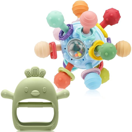 2 Pack Baby Teething Toys 0-6 6-12 Months, Multi-Functional Food Grade Silicone Baby Montessori Sensory Teether Toys & Teething Mittens, Soothing Chew Baby Toys for Newborn Infant Sucking Needs
