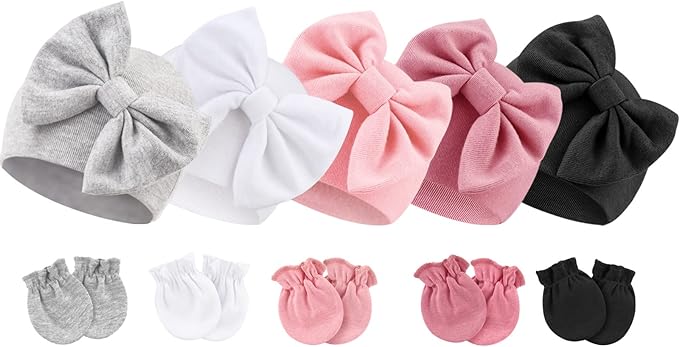 BQUBO Newborn Baby Girls Hats Mittens Set Hospital Hat Beanie Infant Bow Hats Baby Cotton Gloves for 0-6 Months