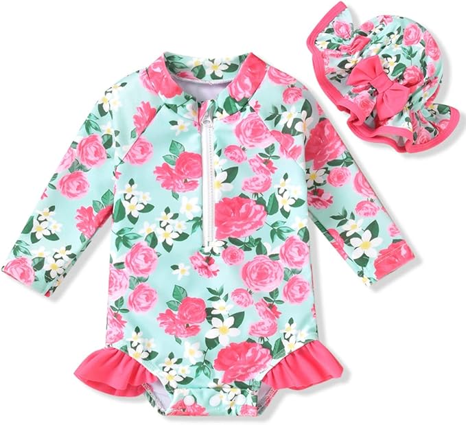 Aalizzwell Baby Girls Long Sleeve One Piece Swimsuit with Hat