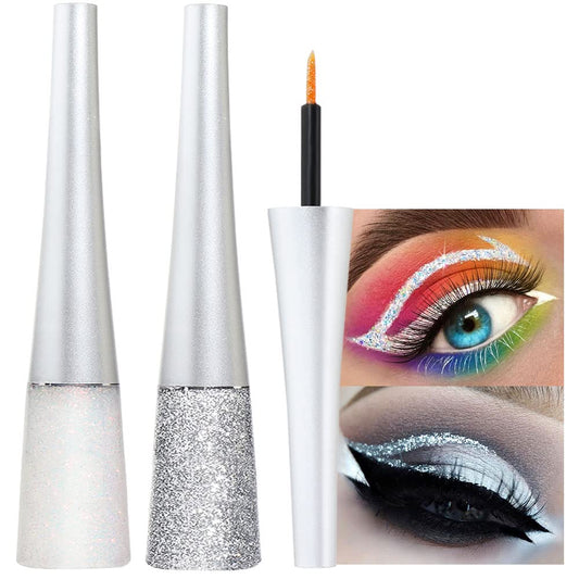 evpct 2Pcs Pearl White Silver Color Liquid Glitter Eyeliner Liners Sets for Women Liquid Sparkly Glitter Eyeliner delineador con glitter de colores para ojos colores 09+10