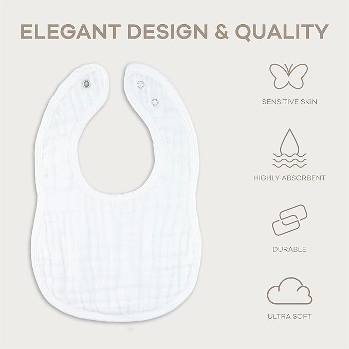 Comfy Cubs Muslin Bibs for Babies, Pack of 4 - Soft and Highly Absorbent, Feeding, Drool and Teething Bib, Adjustable Snaps - Stylish & Colorful Unisex Designs, Giftable Set - White
